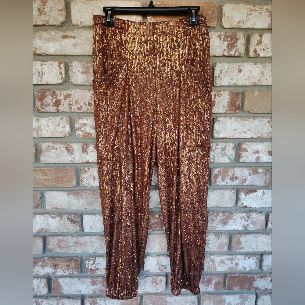 Free People Women's Bronze Brown Morelia Sequin Jogger Pants Sz M Party Event